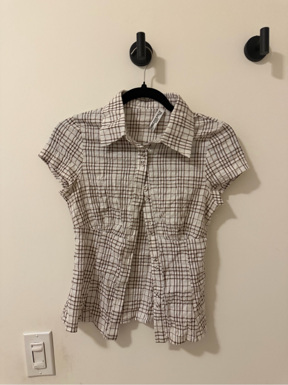Princess Polly White and Brown Plaid Short Sleeve Button-Down Shirt